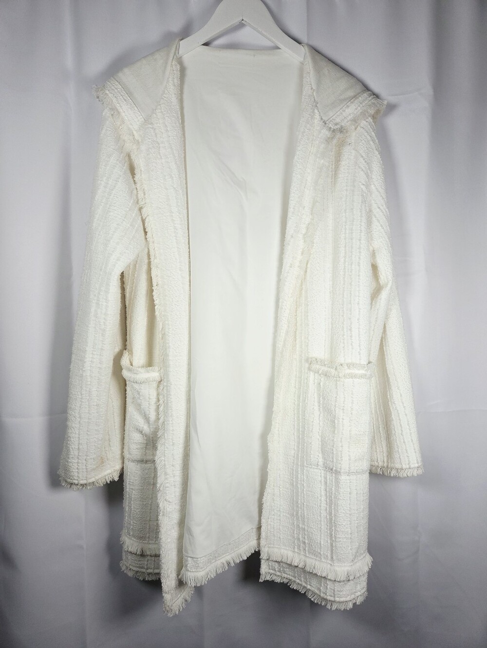 Thread Collective Women's L/XL White Jacket - Lined Frayed Hems Hooded Coat